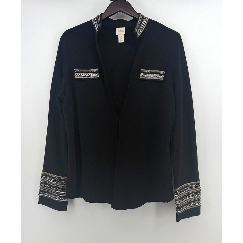 Chicos Black Beaded Sequin Trim Open Front Cardigan Sweater Gold Silver Size‎ 2 - Picture 10 of 10